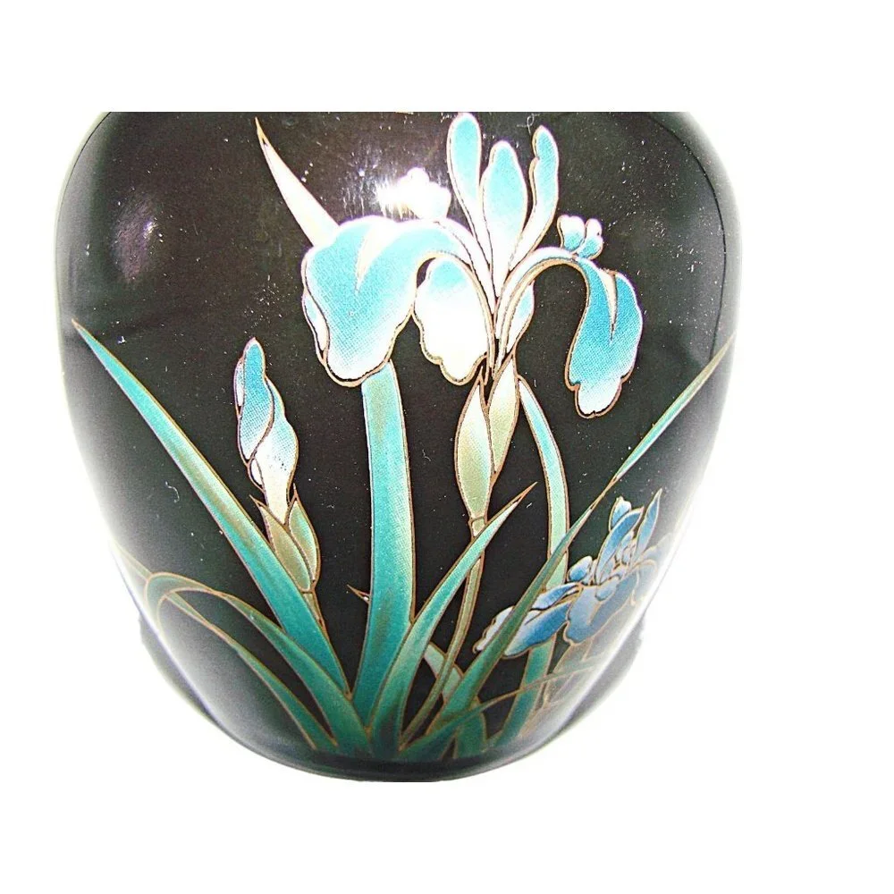 San Francisco Black Onyx Trinket Jar Vase Floral Hand Painted Decorative Flower